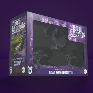 An RPG kit titled "Epic Encounters: Local Legends - Green Dragon" in white font in the upper righthand corner and bottom of the dark purple box. The front has a plastic window looking into the kit, revealing three grey primed minis: one european dragon posed on a tree with its toothy maw open in a snarl, and two twisted, tropical trees. An RPG kit titled "Epic Encounters: Local Legends - Green Dragon" in white font in the upper righthand corner and bottom of the dark purple box. The front has a plastic window looking into the kit, revealing three grey primed minis: one european dragon posed on a tree with its toothy maw open in a snarl, and two twisted, tropical trees.