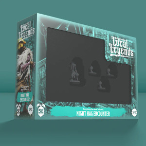 An RPG kit titled "Epic Encounters: Local Legends - Night Hag" in white font across the upper righthand corner and bottom of the box. The box itself is a combination of bright turquoise and teal, and sports a plastic window that displays four grey primed miniatures. One is a hag, a lumpy, bumpy, tall woman with stringy hair, deep wrinkles, and gnarled hands. She wields a scythe and wears a ragged dress that is ripped to reveal her curved spine. The other three miniatures are little flame-like balls with simple, circular eyes. An RPG kit titled "Epic Encounters: Local Legends - Night Hag" in white font across the upper righthand corner and bottom of the box. The box itself is a combination of bright turquoise and teal, and sports a plastic window that displays four grey primed miniatures. One is a hag, a lumpy, bumpy, tall woman with stringy hair, deep wrinkles, and gnarled hands. She wields a scythe and wears a ragged dress that is ripped to reveal her curved spine. The other three miniatures are little flame-like balls with simple, circular eyes.