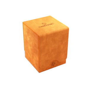A TCG Deck Box with the company logo "Gamegenic" on the top. The box is orange and has a jean-like texture to the cloth exterior. A TCG Deck Box with the company logo "Gamegenic" on the top. The box is orange and has a jean-like texture to the cloth exterior.