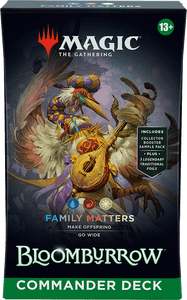 A Blue, Red, and White Magic the Gathering Preconstructed Commander Deck titled “Bloomburrow: Family Matters'' at the bottom of the box. The art features a crane in a Venetian-inspired outfit with purple and yellow stripes, checkers, and details. The crane is strumming a lute with wings used like hands. The background is primarily black. A Blue, Red, and White Magic the Gathering Preconstructed Commander Deck titled “Bloomburrow: Family Matters'' at the bottom of the box. The art features a crane in a Venetian-inspired outfit with purple and yellow stripes, checkers, and details. The crane is strumming a lute with wings used like hands. The background is primarily black.