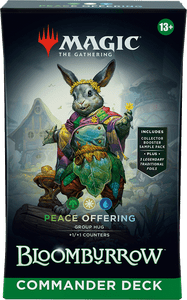 A Green, White, and Blue Magic the Gathering Preconstructed Commander Deck titled “Bloomburrow: Peace Offering'' at the bottom of the box. The art features a grey rabbit wearing a colorful, leafy dress with a quilted cape and a yellow flower crown. The rabbit holds a yellow flower and is posed on the edge of a rock. The background is primarily black. A Green, White, and Blue Magic the Gathering Preconstructed Commander Deck titled “Bloomburrow: Peace Offering'' at the bottom of the box. The art features a grey rabbit wearing a colorful, leafy dress with a quilted cape and a yellow flower crown. The rabbit holds a yellow flower and is posed on the edge of a rock. The background is primarily black.