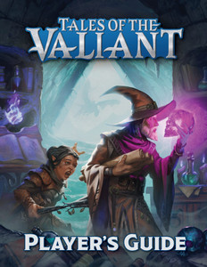 An RPG book titled "Tales of the Valiant RPG: Player's Handbook" in silver font with glue light around it at the top and bottom of the cover. The art depicts a human wizard with a large pointy hat and holding a skull alongside a gnome, who is pulling on his robe so hard it is ripping in their urgency to alert the wizard of oncoming danger. They are in a room full of books and Knick knacks seemingly built within an icy cave. At the entrance of the came comes the form of a hulking dragon, at which the gnome is frantically pointing. An RPG book titled "Tales of the Valiant RPG: Player's Handbook" in silver font with glue light around it at the top and bottom of the cover. The art depicts a human wizard with a large pointy hat and holding a skull alongside a gnome, who is pulling on his robe so hard it is ripping in their urgency to alert the wizard of oncoming danger. They are in a room full of books and Knick knacks seemingly built within an icy cave. At the entrance of the came comes the form of a hulking dragon, at which the gnome is frantically pointing.