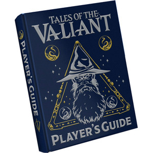An RPG book titled "Tales of the Valiant: Player's Guide" in silver letters at the top and bottom of the cover. The cover is a dark blue with the art embossed into it in both the same silver and also some gold elements. A wizard's portrait sits in the center and is surrounded by a decorative triangle. In the bottom two covers and floating above are four orbs, each with little flames illustrated inside. An RPG book titled "Tales of the Valiant: Player's Guide" in silver letters at the top and bottom of the cover. The cover is a dark blue with the art embossed into it in both the same silver and also some gold elements. A wizard's portrait sits in the center and is surrounded by a decorative triangle. In the bottom two covers and floating above are four orbs, each with little flames illustrated inside.