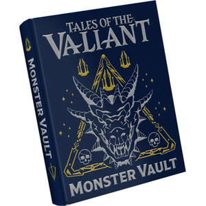An RPG book titled "Tales of the Valiant: Monster Vault" in shiny, silver lettering across the top and bottom of the dark blue cover. The art between the title is done in silver and gold lines and depicts a dragon's head within a decorative golden triangle. In the bottom two corners of the triangle are two silver skulls, and above the head, as well as floating on either side, are golden, crown-like symbols. Decorating the outside are golden sparkles. An RPG book titled "Tales of the Valiant: Monster Vault" in shiny, silver lettering across the top and bottom of the dark blue cover. The art between the title is done in silver and gold lines and depicts a dragon's head within a decorative golden triangle. In the bottom two corners of the triangle are two silver skulls, and above the head, as well as floating on either side, are golden, crown-like symbols. Decorating the outside are golden sparkles.