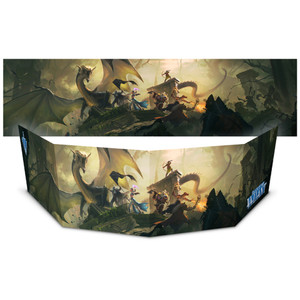 A DM screen from two views: flat (upper image) and curved as it would be set up on a table (bottom image). The art on the outside of the screen is a wash of darker colors with bright spots to cinematically highlight central figures. Several heroes of different classes and species scale pieces of ruined stone architecture to battle a massive grey and black dragon with curved, ram-like horns. They seem to be in a cavern filled with items, treasure, stalagmites and stalactites. A DM screen from two views: flat (upper image) and curved as it would be set up on a table (bottom image). The art on the outside of the screen is a wash of darker colors with bright spots to cinematically highlight central figures. Several heroes of different classes and species scale pieces of ruined stone architecture to battle a massive grey and black dragon with curved, ram-like horns. They seem to be in a cavern filled with items, treasure, stalagmites and stalactites.