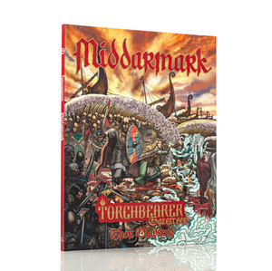 An RPG book titled “Torchbearer: Middarmark” written in red and gold font at the top and bottom of the cover. The cover art depicts a scene taking place on a beach at either dusk or dawn, the sky washed in fiery streaks of clouds. Waves crash behind a wall of soldiers chainmail and colorful, round shields as they charge a group in the foreground. Behind them loom the hulls of viking ships. The group the soldiers are charging are women wearing matching red robes, two young and one old, who wield clouds of swirling magic that is raising the dead people the soldiers climb over. An RPG book titled “Torchbearer: Middarmark” written in red and gold font at the top and bottom of the cover. The cover art depicts a scene taking place on a beach at either dusk or dawn, the sky washed in fiery streaks of clouds. Waves crash behind a wall of soldiers chainmail and colorful, round shields as they charge a group in the foreground. Behind them loom the hulls of viking ships. The group the soldiers are charging are women wearing matching red robes, two young and one old, who wield clouds of swirling magic that is raising the dead people the soldiers climb over.