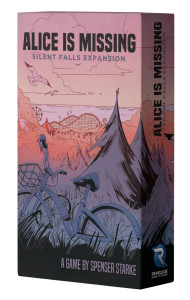 An RPG titled "Alice is Missing: Silent Falls Expansion" across the top of the narrow box. The art below is primarily pink and purple and done in a cross-hatched, delicate style that matches the haunting beauty of the base game. It expands upon the scene of its parent game, depicting a forested valley view with tall evergreens. A bike leans against tall grass in the foreground, and in the distance is a fairground with a roller coaster and tents. Beyond that are the shimmering waters of the ocean. An RPG titled "Alice is Missing: Silent Falls Expansion" across the top of the narrow box. The art below is primarily pink and purple and done in a cross-hatched, delicate style that matches the haunting beauty of the base game. It expands upon the scene of its parent game, depicting a forested valley view with tall evergreens. A bike leans against tall grass in the foreground, and in the distance is a fairground with a roller coaster and tents. Beyond that are the shimmering waters of the ocean.