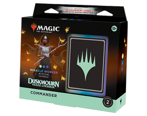 A white, blue, and black Magic the Gathering Commander deck titled “Miracle Worker” from the set Duskmourn: House of Horrors. The art on the cover depicts a dark-skinned person with curly hair that ends at her chin, a sleeveless white and black dress, and a net draped over her head like a veil. On her brow is a silver circlet, and in her hands is a branch-like staff. Around her floats an ethereal cloud of ghostly, golden butterflies. The rest of the box is black and orange with a strip of pale green on the bottom. In that strip is the word “Commander” in black letters. A white, blue, and black Magic the Gathering Commander deck titled “Miracle Worker” from the set Duskmourn: House of Horrors. The art on the cover depicts a dark-skinned person with curly hair that ends at her chin, a sleeveless white and black dress, and a net draped over her head like a veil. On her brow is a silver circlet, and in her hands is a branch-like staff. Around her floats an ethereal cloud of ghostly, golden butterflies. The rest of the box is black and orange with a strip of pale green on the bottom. In that strip is the word “Commander” in black letters.