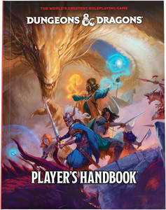 An RPG book titled “Dungeons and Dragons: Player’s Handbook” in white font across the top and bottom of the cover.  The art behind it depicts an action shot  of various heroes of various classes and species fighting a swarm of small dragons.  Behind them looms a giant, golden dragon with gold, cat-like eyes and whiskers. An RPG book titled “Dungeons and Dragons: Player’s Handbook” in white font across the top and bottom of the cover.  The art behind it depicts an action shot  of various heroes of various classes and species fighting a swarm of small dragons.  Behind them looms a giant, golden dragon with gold, cat-like eyes and whiskers.
