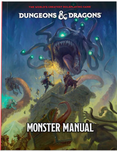 An RPG book titled “Dungeons and Dragons: Monster Manual” in white font at the top and bottom of the cover.  The cover art behind the title is a scene depicting humanoids battling a series of beasts.  Two figures stand atop a stone ruin and face an open-mouthed Beholder: a floating, orb-like creature with many protruding tentacles, each with a glowing eye on the end.  Its face is no more than a giant eye and a huge maw of razor-sharp teeth.  Below this battle is a sea of tentacles picking up and crushing various people, and below that is a mimic leaping up from the battle toward the people on the ruin.  This mimic takes a well-known form of a wooden treasure chest with teeth and a long tongue within the compartment.  Other creatures ring around the ruin in the mass of battle. An RPG book titled “Dungeons and Dragons: Monster Manual” in white font at the top and bottom of the cover.  The cover art behind the title is a scene depicting humanoids battling a series of beasts.  Two figures stand atop a stone ruin and face an open-mouthed Beholder: a floating, orb-like creature with many protruding tentacles, each with a glowing eye on the end.  Its face is no more than a giant eye and a huge maw of razor-sharp teeth.  Below this battle is a sea of tentacles picking up and crushing various people, and below that is a mimic leaping up from the battle toward the people on the ruin.  This mimic takes a well-known form of a wooden treasure chest with teeth and a long tongue within the compartment.  Other creatures ring around the ruin in the mass of battle.
