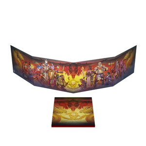 A four-paneled, hardcover Dungeon Master Screen.  On one side is a panoramic art piece in mostly warm colors with a red dragon in the center and a lineup of characters from various species, classes, and regions spread across the sides.  At the very end of each side is the profile of a gold dragon.