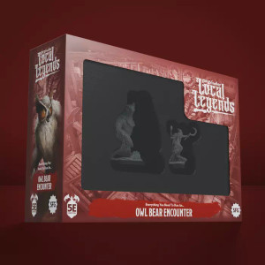 An RPG kit titled “Epic Encounters: Local Legends - Owlbear Encounter” across the upper righthand corner and bottom of the blood red box. The cover’s center is a plastic window that reveals two, grey-primed miniature figures: an owlbear, a creature that has the face and feathers of an owl and the body and claws of a bear, and a druid wielding a sickle and clad in layers of forest-ragged robes. An RPG kit titled “Epic Encounters: Local Legends - Owlbear Encounter” across the upper righthand corner and bottom of the blood red box. The cover’s center is a plastic window that reveals two, grey-primed miniature figures: an owlbear, a creature that has the face and feathers of an owl and the body and claws of a bear, and a druid wielding a sickle and clad in layers of forest-ragged robes.