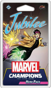 A card game pack titled "Marvel Champions: Jubilee Hero Pack," the second half of the title being at the top and the first at the bottom.  Between the two lines of text is a woman with short black hair, pale skin, a yellow trench coat,  and dark clothes.  She is mid leap through the ar, and from her hands explodes sprays of bright colors.