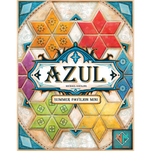 Board game titled "Azul Summer Pavilion Mini" featuring art of six star shaped tile designs in six different colors of green, purple, yellow, blue, red, and orange. Board game titled "Azul Summer Pavilion Mini" featuring art of six star shaped tile designs in six different colors of green, purple, yellow, blue, red, and orange.