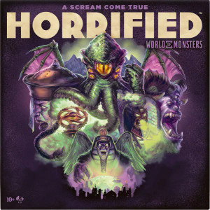A board game titled "Horrified: World of Monsters," the first half of the title in large, all capital golden font across the top of the box and the second half much smaller beneath. Below the title is a movie-poster-style arrangement of characters and elements atop a dark purple background. The scene is, from bottom to top: A snarling creature with a human face, lion's claws, wings, and Pharoah's head and chin garb; a train with a fierce face on the front exiting a stone tunnel; a purple, three eyed creature with ram's horns and an ape-like face mid roar; a pale humanoid with white eyes, a long black braid, golden cap, and a slip of paper with chinese characters on it across the person's face; a tower with a large, bronze cog atop it; a being with an squid-like face, 5 amber eyes with slitted pupils, rough skin, and purple bat wings. A board game titled "Horrified: World of Monsters," the first half of the title in large, all capital golden font across the top of the box and the second half much smaller beneath. Below the title is a movie-poster-style arrangement of characters and elements atop a dark purple background. The scene is, from bottom to top: A snarling creature with a human face, lion's claws, wings, and Pharoah's head and chin garb; a train with a fierce face on the front exiting a stone tunnel; a purple, three eyed creature with ram's horns and an ape-like face mid roar; a pale humanoid with white eyes, a long black braid, golden cap, and a slip of paper with chinese characters on it across the person's face; a tower with a large, bronze cog atop it; a being with an squid-like face, 5 amber eyes with slitted pupils, rough skin, and purple bat wings.