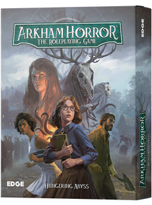 An RPG kit titled "Arkham Horror RPG Starter Set - Hungering Abyss" with the first half of the title at the top and the second half at the bottom of the cover.  The main title a the to is in a green plaque with silver font.  Below is a dynamic line up of 4 people and two otherworldly beings: a dark skinned girl with chin length curly hair and a cheerleader's uniform; a pale girl with shoulder length straight, light brown hair, glasses, a blue button up, brown pleated skirt, and a book in hand; an older, pale skinned man with shaggy brown and grey hair, beard, a tan trench coat, and a shovel in one hand; a long, straight  haired, pale-skinned woman with an intense facial expression; and, finally, two robed figures with deer skulls on their heads and grey, clawed hands.  The whole scene takes place in a graveyard where rows of similarly robed and skull-clad figures amble between gravestones like the world's most ominous field trip.