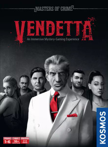A board game cover with the title "Masters of Crime: Vendetta" in dramatic red font at the top of the box. The art below is primarily black and white with one pop of red on the suit tie of a man wearing a white suit in the foreground. The man has salt and pepper hair, tan skin, and is an older gentleman with a rather intense expression. The rest of the cover is populated by 5 other people of various genders, all of whom either have dark hair slicked back (the men), or long hair up in a ponytail (the women). They all have expressions that range somewhere from sultry, to similarly intense, tho cheeky, to bored. A board game cover with the title "Masters of Crime: Vendetta" in dramatic red font at the top of the box. The art below is primarily black and white with one pop of red on the suit tie of a man wearing a white suit in the foreground. The man has salt and pepper hair, tan skin, and is an older gentleman with a rather intense expression. The rest of the cover is populated by 5 other people of various genders, all of whom either have dark hair slicked back (the men), or long hair up in a ponytail (the women). They all have expressions that range somewhere from sultry, to similarly intense, tho cheeky, to bored.