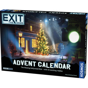 An EXIT: The Game Advent Calendar titled "The Missing Hollywood Star" at the bottom of the box in white font. The art on the cover depicts a darkened movie set decorated like a wintery wonderland just outside of a cozy shop. Just beyond the border of the fake snow are director and crew seats, lights, and cameras. Footprints in the snow lead up to a large hole in the side of the set. An EXIT: The Game Advent Calendar titled "The Missing Hollywood Star" at the bottom of the box in white font. The art on the cover depicts a darkened movie set decorated like a wintery wonderland just outside of a cozy shop. Just beyond the border of the fake snow are director and crew seats, lights, and cameras. Footprints in the snow lead up to a large hole in the side of the set.