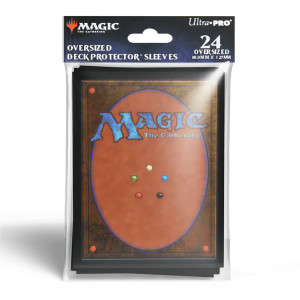 A plastic bag with a black cardboard tab on top full of oversized Magic the Gathering sleeves that feature a back side with art that matches the classic Magic the Gathering card back art. A plastic bag with a black cardboard tab on top full of oversized Magic the Gathering sleeves that feature a back side with art that matches the classic Magic the Gathering card back art.