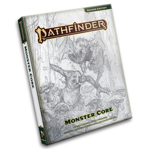 An RPG titled "Pathfinder RPG: Monster Core" in gold and red script at the top and bottom of the cover. The art is a sketch that depicts three layers of monsters rushing toward the viewer. The in the foreground is a collection of small mushroom creatures with black, beady eyes and foamy, toothy little mouths. Behind them is a tusked troll with splotchy skin and a loincloth. Behind the troll and much, much larger is a stout dragon with stony skin and a wicked mouth of fangs. They are all dodging through a forest. An RPG titled "Pathfinder RPG: Monster Core" in gold and red script at the top and bottom of the cover. The art is a sketch that depicts three layers of monsters rushing toward the viewer. The in the foreground is a collection of small mushroom creatures with black, beady eyes and foamy, toothy little mouths. Behind them is a tusked troll with splotchy skin and a loincloth. Behind the troll and much, much larger is a stout dragon with stony skin and a wicked mouth of fangs. They are all dodging through a forest.
