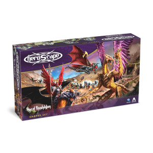 A miniature game titled “Heroscape: Age of Annihilation - Master Set” with the three portions of the title located in three separate locations: the first at the top, the second 3/4ths of the way down, and the last at the bottom.  The art depicts a battle in a beige, rocky landscape with green cliff sides in the distance.  Armoured individuals rush toward a line of plate maile clad polar bears.  In the foreground is an extravagantly armoured person with gleaming plate mail, a winged helmet, and battle spear.  They also have red feathered wings and ride atop a large cat with black bat wings.  Another person with red bat wings and black, similarly detailed plate armour swings a halberd down on a golden, dragon-like creature that is distracted by crushing a creature in its talons.