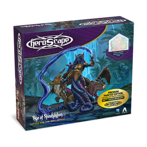 A miniature game titled “Heroscape: Battle for the Wellspring - Battle Box” with the three portions of the title located in three separate locations: the first at the top, the second 3/4ths of the way down, and the last at the bottom. The art depicts a navy blue-skinned being with a humanoid upper body and a tentacled lower half that holds them up like a skirt of limbs. Their chest and forearms are clad in golden plate armour detailed with scale designs. They control a stream of water coming from the left, and behind them are two animals: a canid creature with gold-capped horns, and a four-legged, owl-face creature with antlers. They all stand in a dimly lit tropical spring with a waterfall behind them. A miniature game titled “Heroscape: Battle for the Wellspring - Battle Box” with the three portions of the title located in three separate locations: the first at the top, the second 3/4ths of the way down, and the last at the bottom. The art depicts a navy blue-skinned being with a humanoid upper body and a tentacled lower half that holds them up like a skirt of limbs. Their chest and forearms are clad in golden plate armour detailed with scale designs. They control a stream of water coming from the left, and behind them are two animals: a canid creature with gold-capped horns, and a four-legged, owl-face creature with antlers. They all stand in a dimly lit tropical spring with a waterfall behind them.