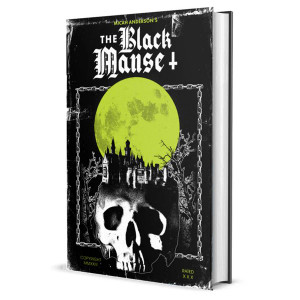An RPG titled "The Black Manse" in white, gothic font at the top of a mostly black cover.  The art below depicts a spooky, Victorian cluster of buildings and gravestones silhouetted in front of a neon green full moon.  The scene emerges from the top of a white skull, and is bordered by white chains.
