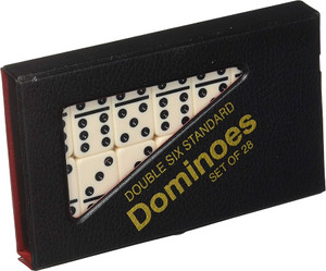 A black vinyl case of white dominoes with black pips. The case has a plastic window through which you can see the tiles, and "Double Six Standard Dominoes - Set of 28" is written in gold below it. A black vinyl case of white dominoes with black pips. The case has a plastic window through which you can see the tiles, and "Double Six Standard Dominoes - Set of 28" is written in gold below it.