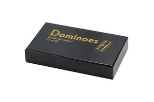 A black box titled "Double 6 Standard Dominoes - Set of 28" in gold font across the top A black box titled "Double 6 Standard Dominoes - Set of 28" in gold font across the top