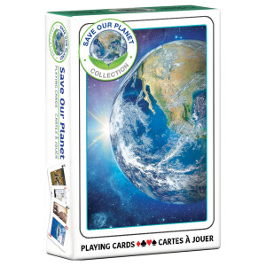 A deck of cards titled "Save our Planet" in black font at the bottom of the deck. The border is white with green details, and in the middle is a depiction of planet Earth floating in space. A deck of cards titled "Save our Planet" in black font at the bottom of the deck. The border is white with green details, and in the middle is a depiction of planet Earth floating in space.