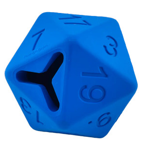 A bright green, rubber D20 dog toy with a 3-pronged hole on the 20 side for treats to be placed inside. A bright green, rubber D20 dog toy with a 3-pronged hole on the 20 side for treats to be placed inside.