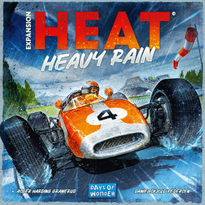 Board game titled "Heat: Heavy Rain" featuring art of a orange racecar with the number four in a white circle on its hood. The driver, wearing a orange helmet and goggles, drives around a turn as rain pours down around them. Behind them, a green racecar can be seen coming over a bridge. Board game titled "Heat: Heavy Rain" featuring art of a orange racecar with the number four in a white circle on its hood. The driver, wearing a orange helmet and goggles, drives around a turn as rain pours down around them. Behind them, a green racecar can be seen coming over a bridge.