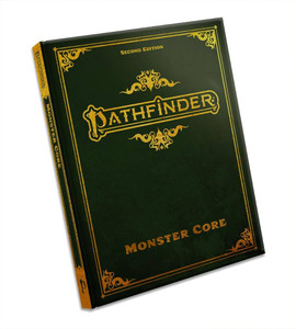 An RPG titled "Pathfinder: Monster Core" in golden script on a dark green cover.  Around the edge of the book's face is a golden outline, and in the corners are golden filigree details. An RPG titled "Pathfinder: Monster Core" in golden script on a dark green cover.  Around the edge of the book's face is a golden outline, and in the corners are golden filigree details.