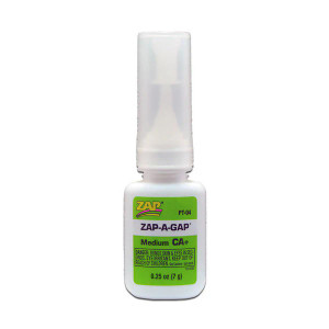 A bottle of clear glue with a bright green label that reads "Zap-A-Gap CA+ 0.25 oz" A bottle of clear glue with a bright green label that reads "Zap-A-Gap CA+ 0.25 oz"