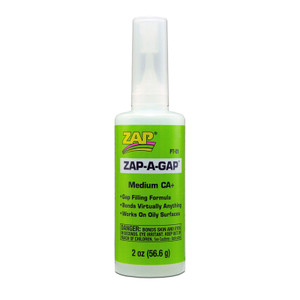 A bottle of clear glue with a bright green label that reads "Zap-A-Gap CA+ 2 oz" A bottle of clear glue with a bright green label that reads "Zap-A-Gap CA+ 2 oz"
