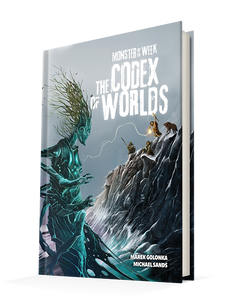 An RPG book titled "Monster of the Week: The  Codex of Worlds" in white font in the upper righthand corner of the cover.  The art below depicts a seaside scene where a giant, many-armed creature rises from the waves.  Their body is blue and glows with swirling designs; they have no human facial features, and where hair would be on a human, they grow twigs and branches.  On the top of a rocky cliff beside them approach several humans wearing fur jackets and a wolf-like dog.  One human raises a scepter, and from their hand shoots a bold of yellow lightning toward the creature amongst the waves. An RPG book titled "Monster of the Week: The  Codex of Worlds" in white font in the upper righthand corner of the cover.  The art below depicts a seaside scene where a giant, many-armed creature rises from the waves.  Their body is blue and glows with swirling designs; they have no human facial features, and where hair would be on a human, they grow twigs and branches.  On the top of a rocky cliff beside them approach several humans wearing fur jackets and a wolf-like dog.  One human raises a scepter, and from their hand shoots a bold of yellow lightning toward the creature amongst the waves.