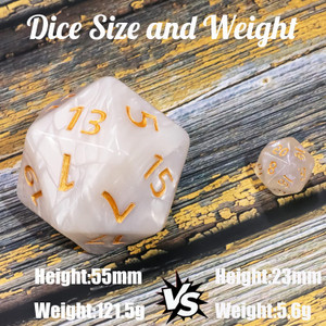 A large, white D20 with golden numerals compared side by side with a normally sized D20. A large, white D20 with golden numerals compared side by side with a normally sized D20.