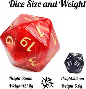 A large, red D20 with golden numerals compared side by side with a normally sized D20. A large, red D20 with golden numerals compared side by side with a normally sized D20.