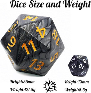 A large, black D20 with golden numerals compared side by side with a normally sized D20.