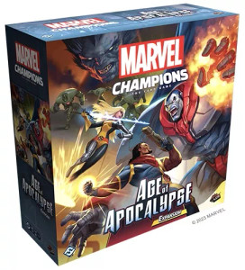 An LCG titled "Marvel Champions: Age of Apocalypse" at the top and bottom of the box in large font.  The art in between depicts several layers of battle.  In the foreground, a large, metallic man with silver, blue, and red on his suit-like body throws a fiery hand toward a man with a gun and a flaming fist of his own.  Coming down toward the metallic man is a woman with blonde hair and a glowing white blade.  Behind them approach green robots, and floating behind is a portrait of a snarling face.  The latter mot figure has dark grey-blue skin, wild upswept hair, white eyes, and a fanged mouth.