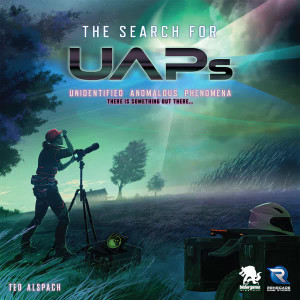 A board game titled "The Search for UAPs" at the top of the box is a futuristic font. Below is a scene beneath the night sky bathed in green light with a person silhouetted in the foreground standing behind a telescope. They seem to be set up on a farm, with a house in the distance beside a field of corn. A board game titled "The Search for UAPs" at the top of the box is a futuristic font. Below is a scene beneath the night sky bathed in green light with a person silhouetted in the foreground standing behind a telescope. They seem to be set up on a farm, with a house in the distance beside a field of corn.