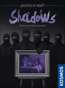 A board game titled "Master of Crime: Shadows" with the second half og the title written in large purple font at the top of the cover. The art below is a dark scene with a line up of 6 people wearing ski masks and black outfits with one person in the center holding up a purple painting of a still life of fruit and a pitcher in a silver frame. A board game titled "Master of Crime: Shadows" with the second half og the title written in large purple font at the top of the cover. The art below is a dark scene with a line up of 6 people wearing ski masks and black outfits with one person in the center holding up a purple painting of a still life of fruit and a pitcher in a silver frame.