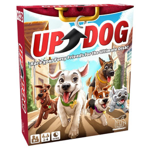A board game titled "Up Dog" in large, red letters beneath a red dog collar at the top of the cover. The art below depicts a city street on which five different common breeds of dog run towards the viewer. A board game titled "Up Dog" in large, red letters beneath a red dog collar at the top of the cover. The art below depicts a city street on which five different common breeds of dog run towards the viewer.