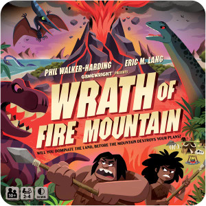 A board game titled "Wrath of Fire Mountain" in yellow gradient letters across the middle of the cover.  The art depicts  two cave people with dark hair and tan skin wearing fur clothes traversing a tropical forest while fending off a bipedal dinosaur with purple skin.  In the distance is an erupting volcano, and below that is a depiction of a little village made up of mobile huts.