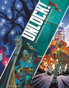 A board game titled "Unlock! Supernatural Adventures" in white font on a diagonal across one of three columns on the cover.  The first column depicts a scene in a graveyard, the second is of a Viking man on a ship with a dragonhead on the bough, and the last column is an action-packed scene of several superheroes rushing away from an explosion in a city.