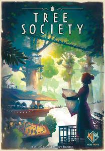 A board game titled "Tree Society" in light beige font outlined in dark blue at the top of the cover.  The art below depicts a silhouette of a woman with her straight hair up in a bun and a long skirt standing in the foreground.  She holds a schematic and looks out from a balcony to a city amongst the trees, with platforms circling around trunks and lights from between the breeches of the canopy.  Bridges connect trees, platforms are built atop strong boughs, and people roam about.