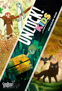 A board game titled "Unlock! Kids - Irish Folklore Trilogy" in the central diagonal column of three scenes across the board.  The leftmost depicts a red haired boy in a brown monk's robe and a pale girl with long, white hair who are both hanging from a tree branch.   The middle scene is a of a blonde boy swimming in deep water, surrounded by kelp, towards a wooden chest at the bottom.  The rightmost column depicts a wolf and a falcon standing in a forest.  All three images are done in a highly stylized art style that incorporates traditional elements of ancient and modern Irish art together.