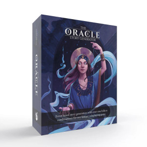 A box set of card decks titled "The Oracle - Story Generator" at the top of the box.  The cover art is mainly shades of deep blue with a human in the center of the box.  She has pale skin, long, brown hair, and her eyes are glazed entirely white.  Her clothes are flowing robes with a turban atop her head.  A ribbon of smoke curls around her and she holds up a string of blue beads that are attached to golden cuffs around her wrists, and behind her looms a darkened door with a golden disk in the center that sits behind her head like a halo.  At the bottom of the cover is a strip of text that reads, "event based story generation with over one billion combinations for any fantasy roleplaying game."
