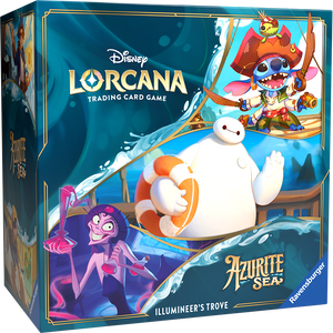 A TCG box titled “Disney Lorcana TCG - Azurite Sea: Illumineer’s Trove” at te top and bottom right corner.  Above is a diagonal scene with several characters from disney films surrounded by waves of water.  On the bottom left is a very skinny, pale, older woman with long eyelashes, a purple dress and turban, and holding a pink, glowing potion bottle.  Above her is a plush, white robot who is holding an orange and white life raft in one hand and waving with the other.  Above him is a little blue creature with a large mouth, nose, eyes, and ears.  He has four arms, each of which holding a pirate’s cutlass, and is wearing pirate garb.