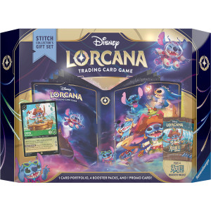 A TCG box titled “Disney Lorcana: Azurite Sea - Gift Set” at the top of the primarily gold and dark blue box. The cover art features a display of the promo card inside, a portfolio featuring several drawings of a little blue dog creature with four arms, four booster packs featuring the same little dog creature dressed as a pirate and wielding cutlasses, and magic swirls. A TCG box titled “Disney Lorcana: Azurite Sea - Gift Set” at the top of the primarily gold and dark blue box. The cover art features a display of the promo card inside, a portfolio featuring several drawings of a little blue dog creature with four arms, four booster packs featuring the same little dog creature dressed as a pirate and wielding cutlasses, and magic swirls.